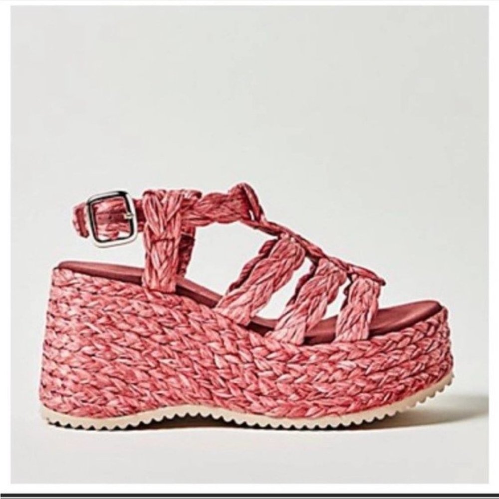 Free People Raffia Rendezvous Wedge Sandal Size 38 Pink NWOT Platforms